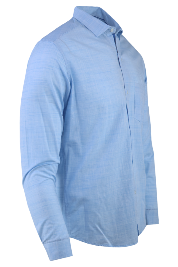 Camisa Manga Larga Slim Fit Textura Lino Color Azul Jaspe Para Caballero